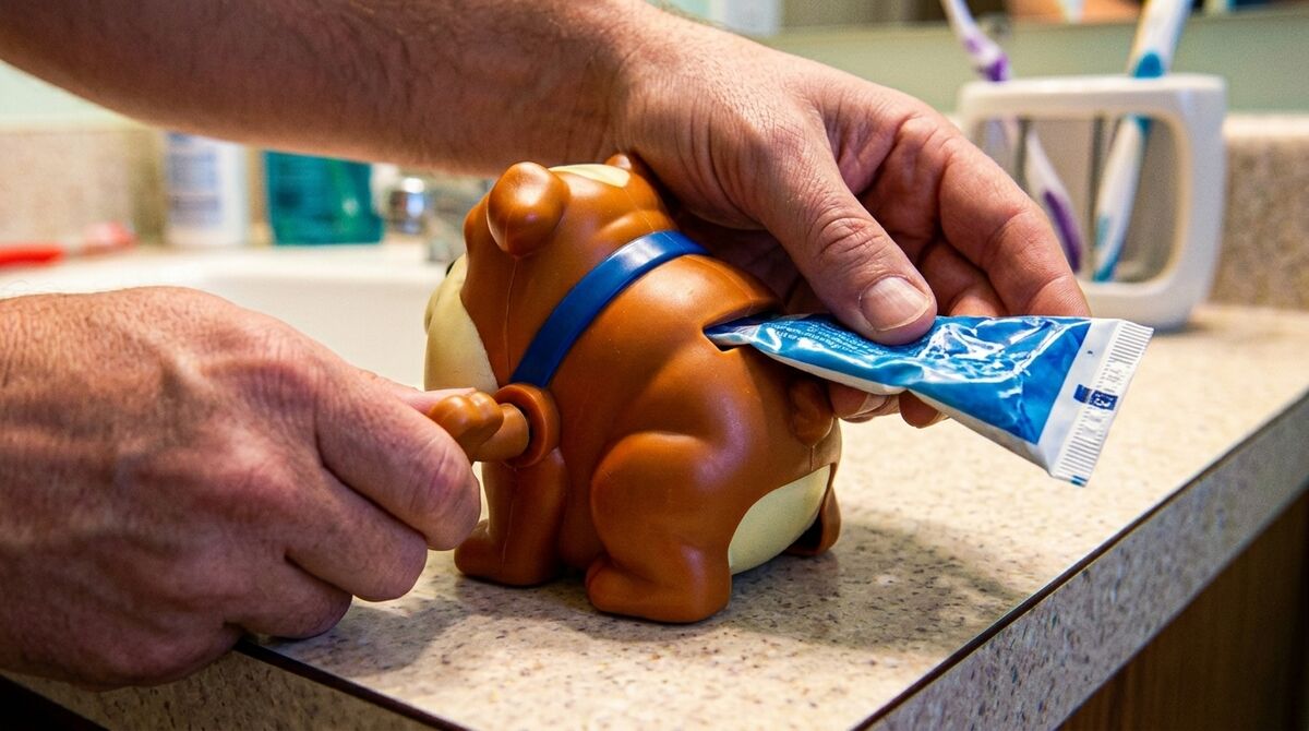 Hands sliding the end of a toothpaste tube into the back of the bulldog squeezer