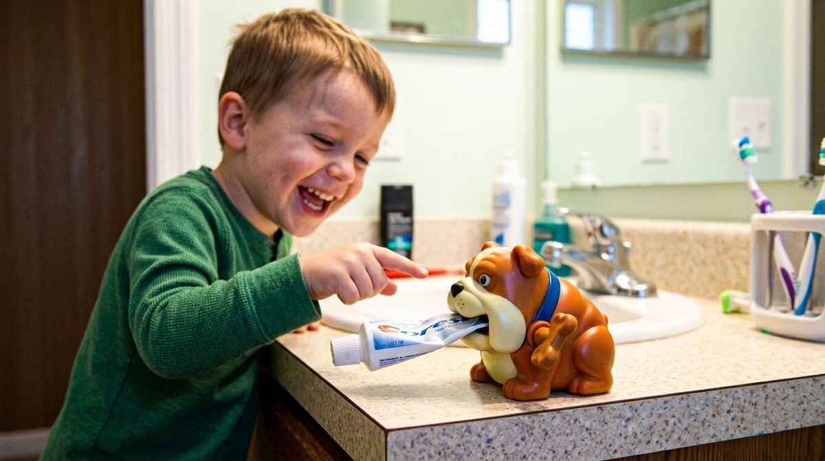 A boy laughing as he reaches for the bulldog squeezer