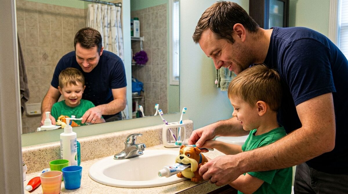 A dad and his young son using the bulldog squeezer at the bathroom sink