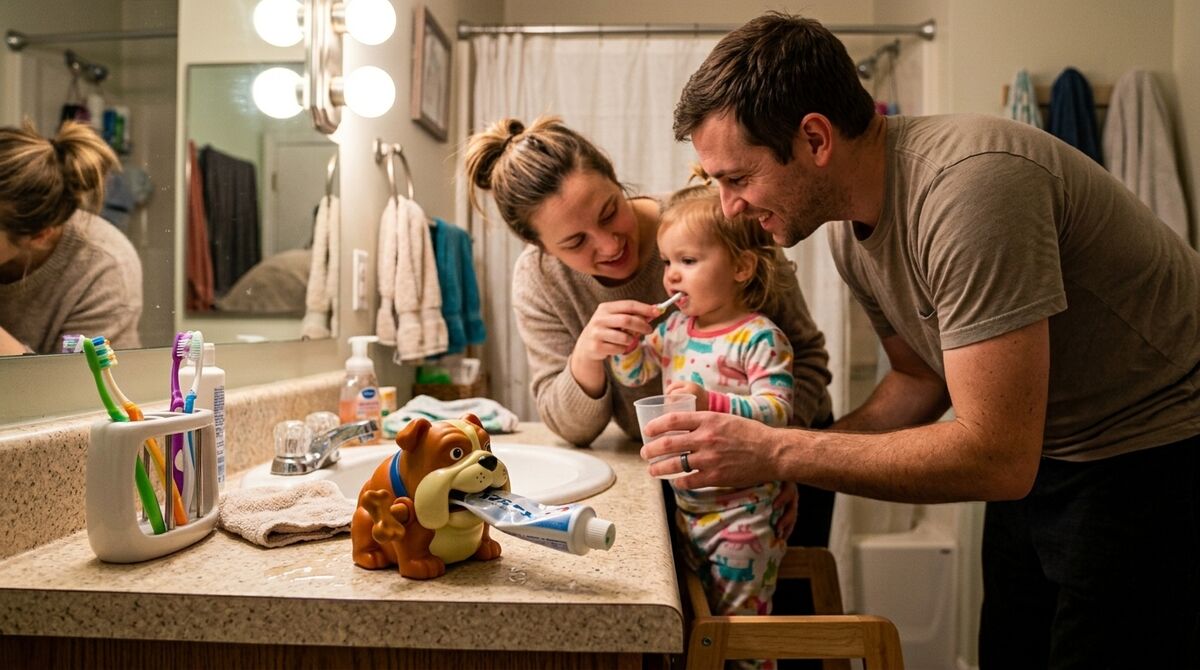 A mom, dad and toddler laughing together at the bathroom sink