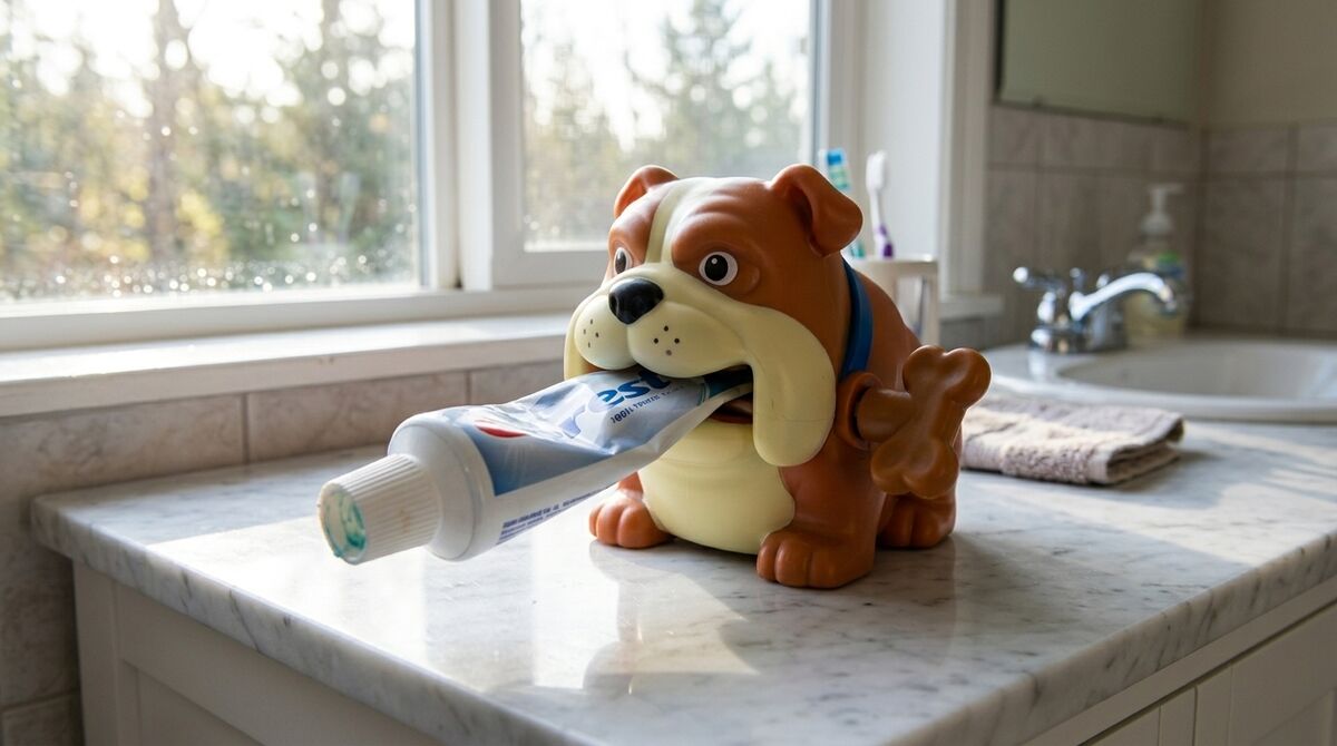 Bulldog squeezer on a sunny marble vanity